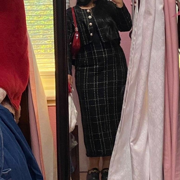 Plus Classic Plaid Print Tweed Blazer Maxi Skirt Set - Picture 3 of 9